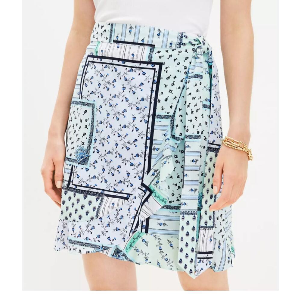 Ann Taylor LOFT Mint Green Blue Patterned Tie Front Ruffle Bottom Skirt 2P